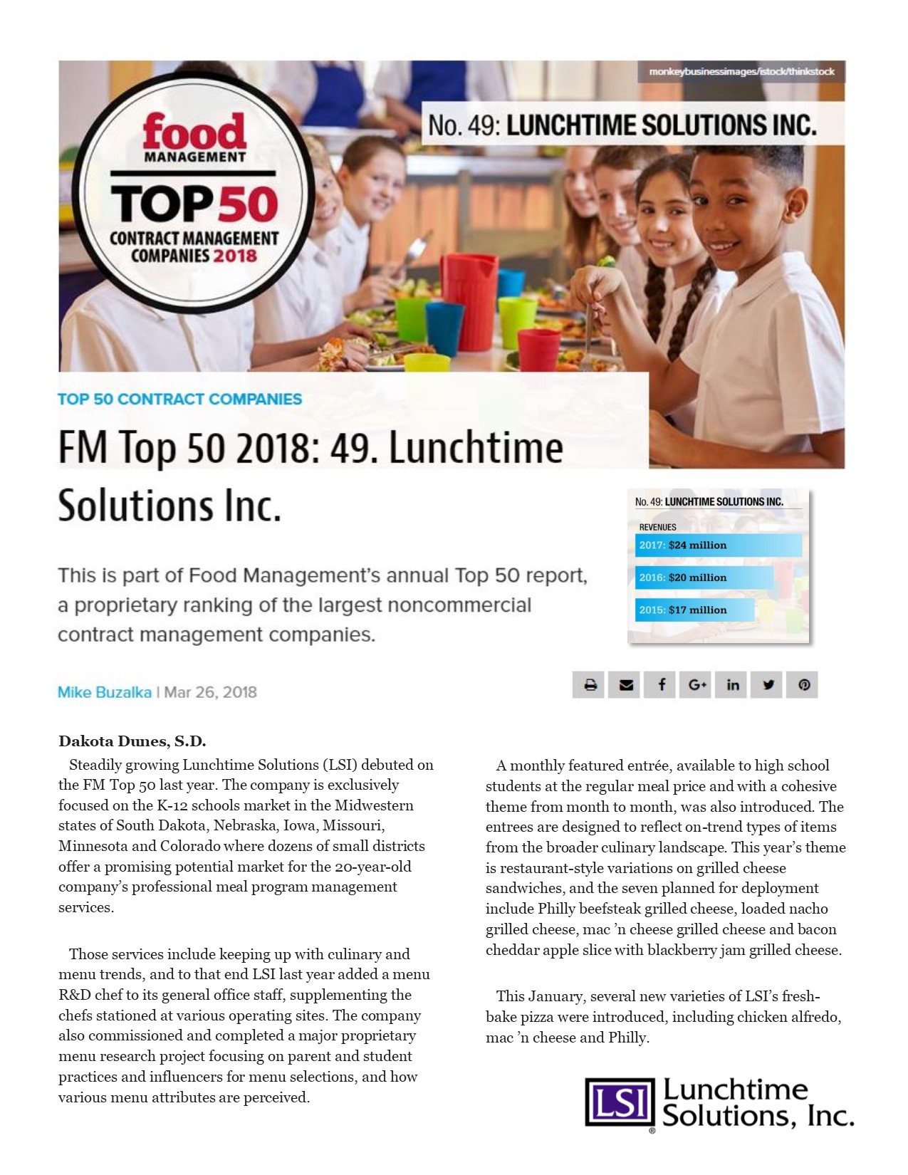 Lunchtime Solutions Moves Up On List Of Top 50 Food Service Management 
